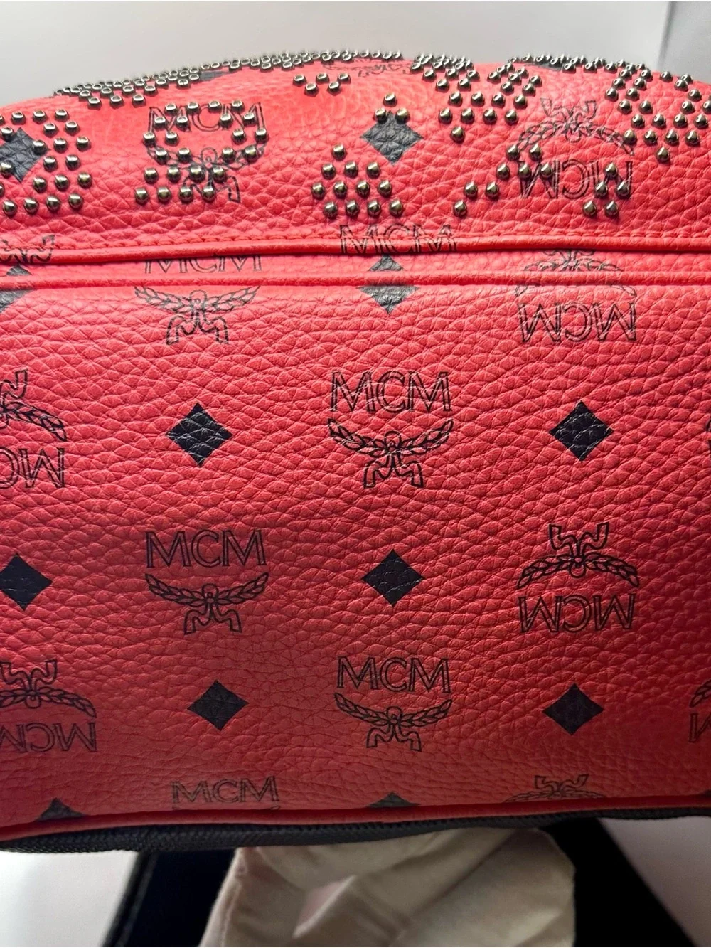 MCM Stark Red Leather Studded Backpack with Black Trim
